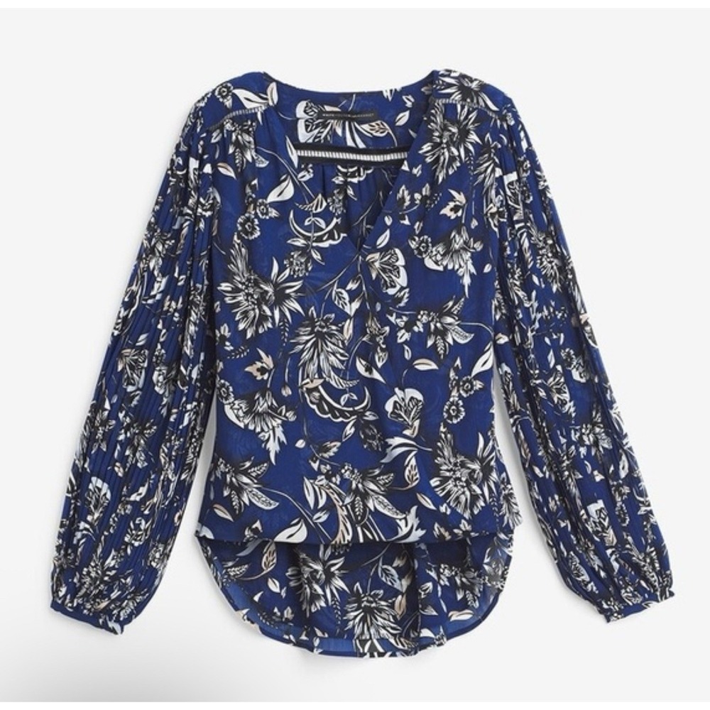 White House Black Market Top Womens Size 10 Blue Floral V-Neck Hi Low Faux Wrap